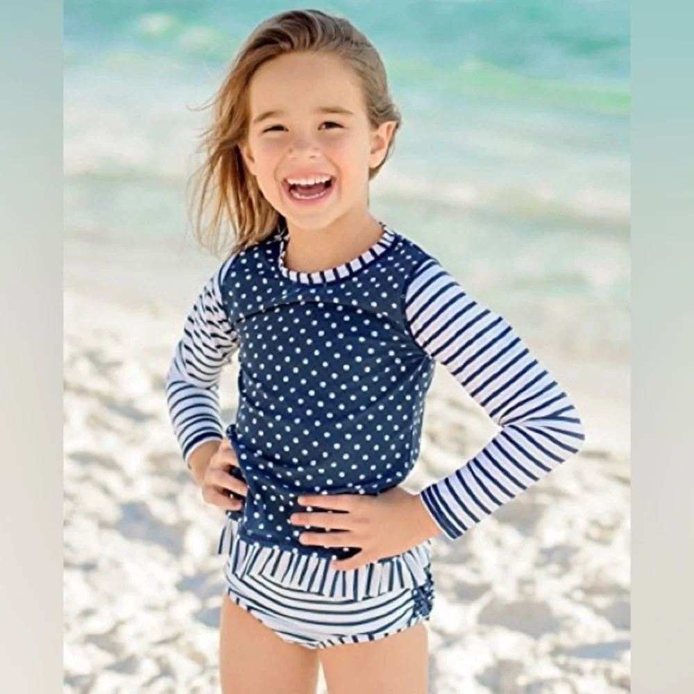 Rufflebutts rashguard swimsuit set ruffles bottoms long sleeve top navy striped